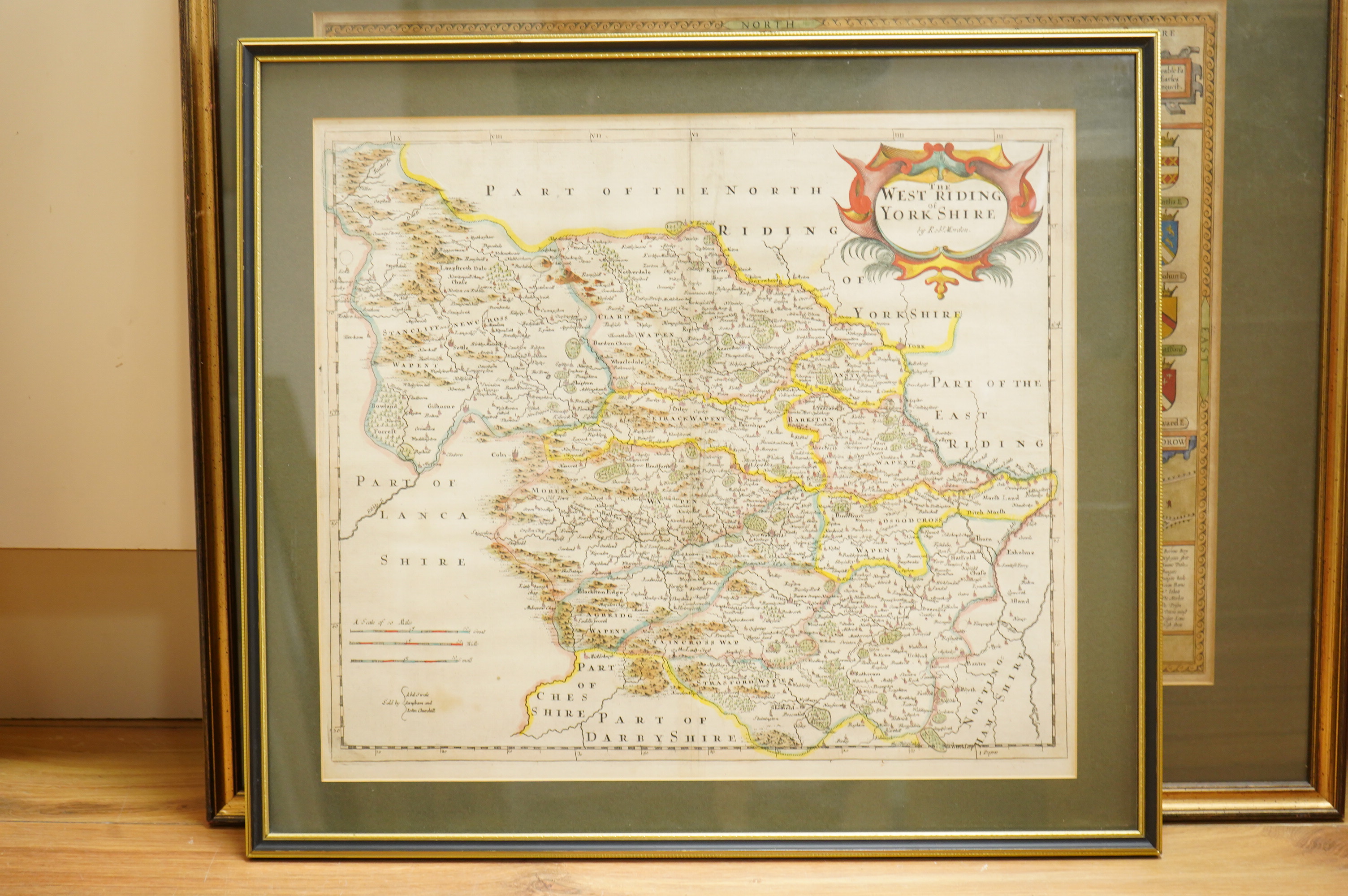 Robert Modern (1650-1703), Durham and The West Riding of Yorkshire’ two hand coloured engraved maps, sold by Abel Swale Awnsham and John Churchill, largest 38 x 43cm together with John Speed (1552-1629), Northamptonshire